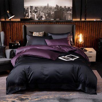 Постільна білизна ДУЕТ BLACK/VIOLET FLOWER Premium Premium Сатин однотон MERISET - Сімейний на резинці 550689 фото