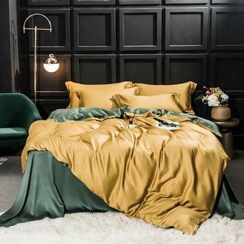 Постільна білизна ДУЕТ GOLDEN/MINT Premium Сатин однотон MERISET - Сімейний на резинці 550577 фото