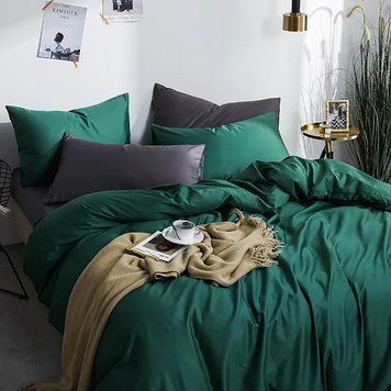 Постільна білизна ДУЕТ ROYAL GREEN/ANTHRACITE Premium Сатин однотон MERISET - Сімейний на резинці 550391 фото