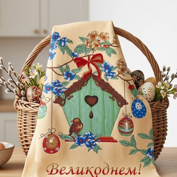 Кухонний рушник Emily З Великоднем великодній вафельний 50х60 см бежевий (2800005086171) 8886 фото