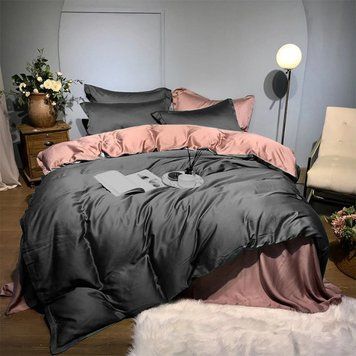 Постільна білизна ДУЕТ ANTHRACITE/WISPER PINK Premium Premium Сатин однотон MERISET - Сімейний на резинці 550685 фото