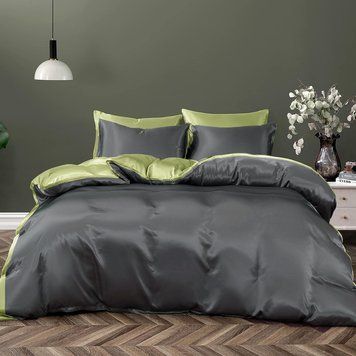 Постільна білизна ДУЕТ ANTHRACITE/PISTACHIO Premium Premium Сатин однотон MERISET - Сімейний на резинці 550679 фото