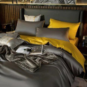 Постільна білизна ДУЕТ ANTHRACITE/GOLDEN Premium Сатин однотон MERISET - Сімейний на резинці 550562 фото
