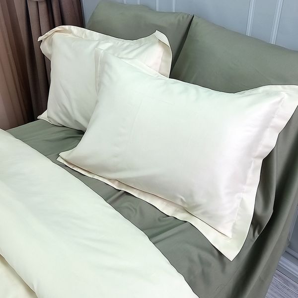 Постільна білизна ДУЕТ MILK CHAMPAGNE/OLIVE Premium Сатин MERISET - Сімейний на резинці 550344 фото