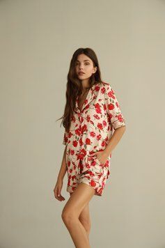 Піжамний костюм шовковий з кантом, кофта з коротким рукавом та шорти 30116184 фото