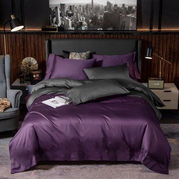 Постільна білизна ДУЕТ VIOLET FLOWER/ANTHRACITE Premium Premium Сатин однотон MERISET - Сімейний на резинці 550687 фото