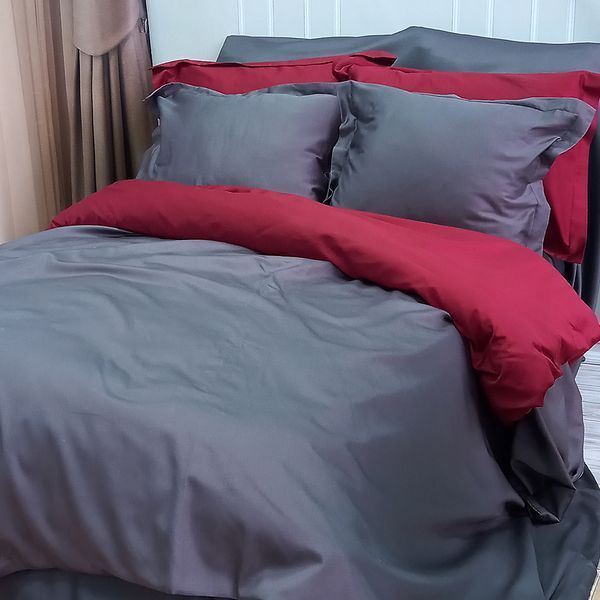 Постільна білизна ДУЕТ ANTHRACITE/WINE BORDO Premium Сатин MERISET - Сімейний на резинці 550347 фото
